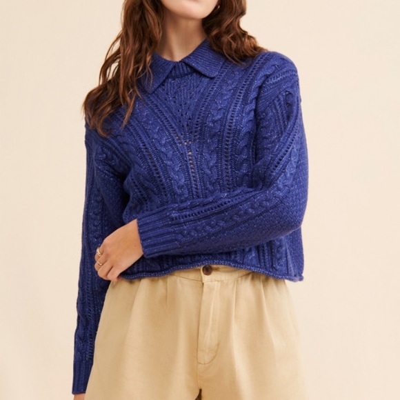 525 America Blue Alicia Revolve Cable Knit Polo Pullover - Picture 1 of 6